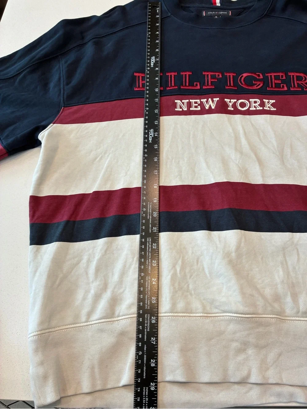 Tommy Hilfiger Navy, Cream & Burgundy Stripe Crewneck Sweater